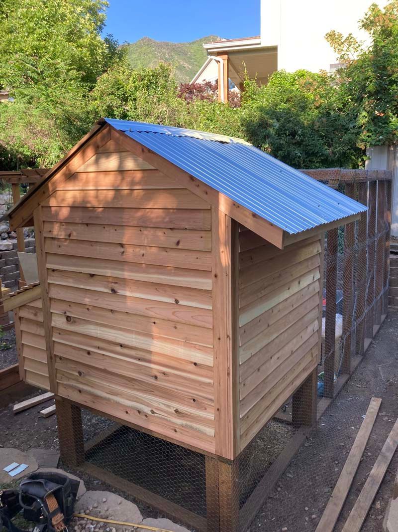 A wooden chicken coop