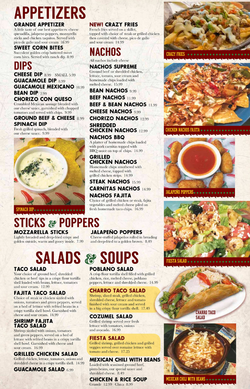 Menu displaying appetizers, ribs, sticks, salads, and soups with accompanying food photos.