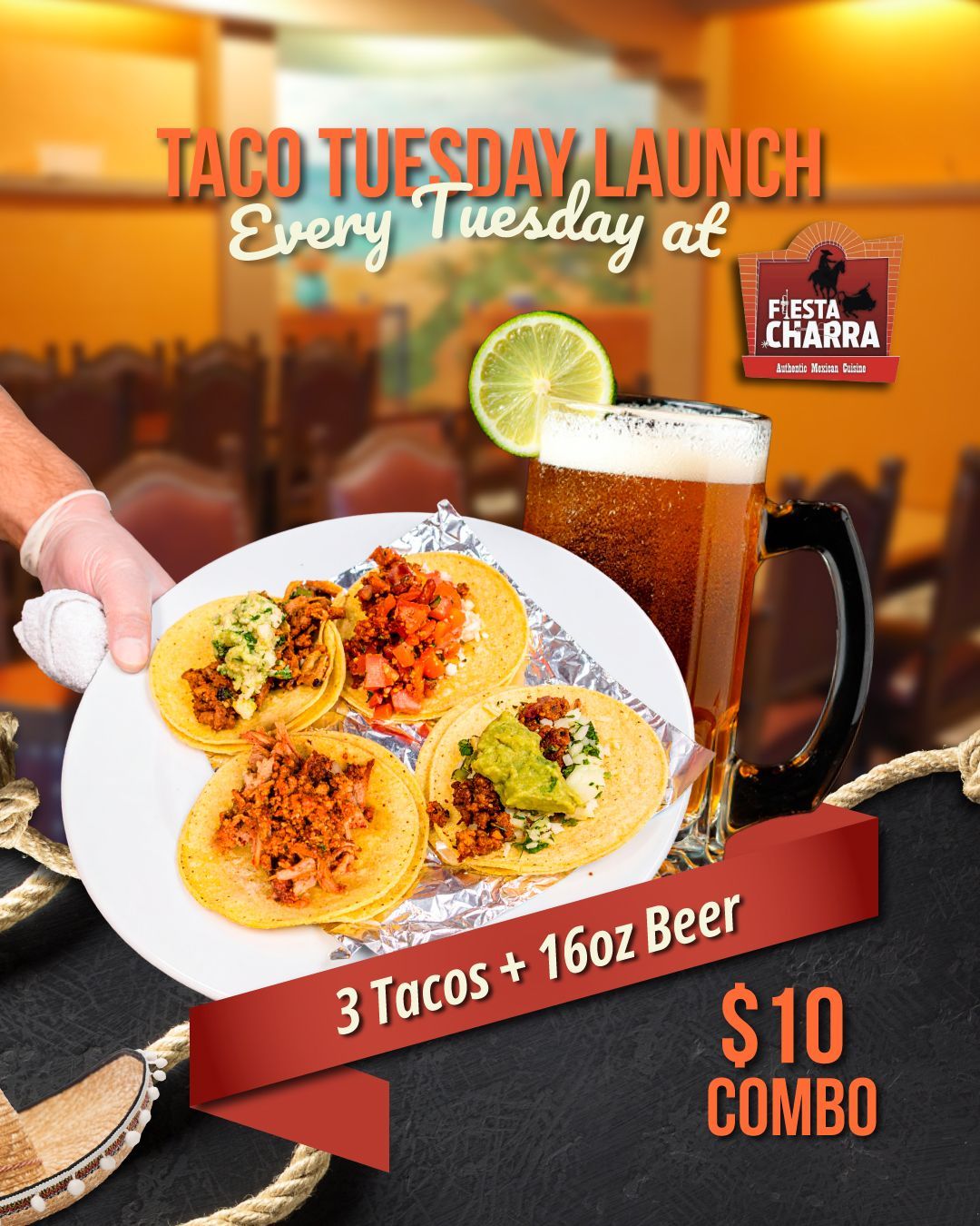 Taco Tuesday launch at Fiesta Charra Eastwood with 3 street tacos and 16oz beer special