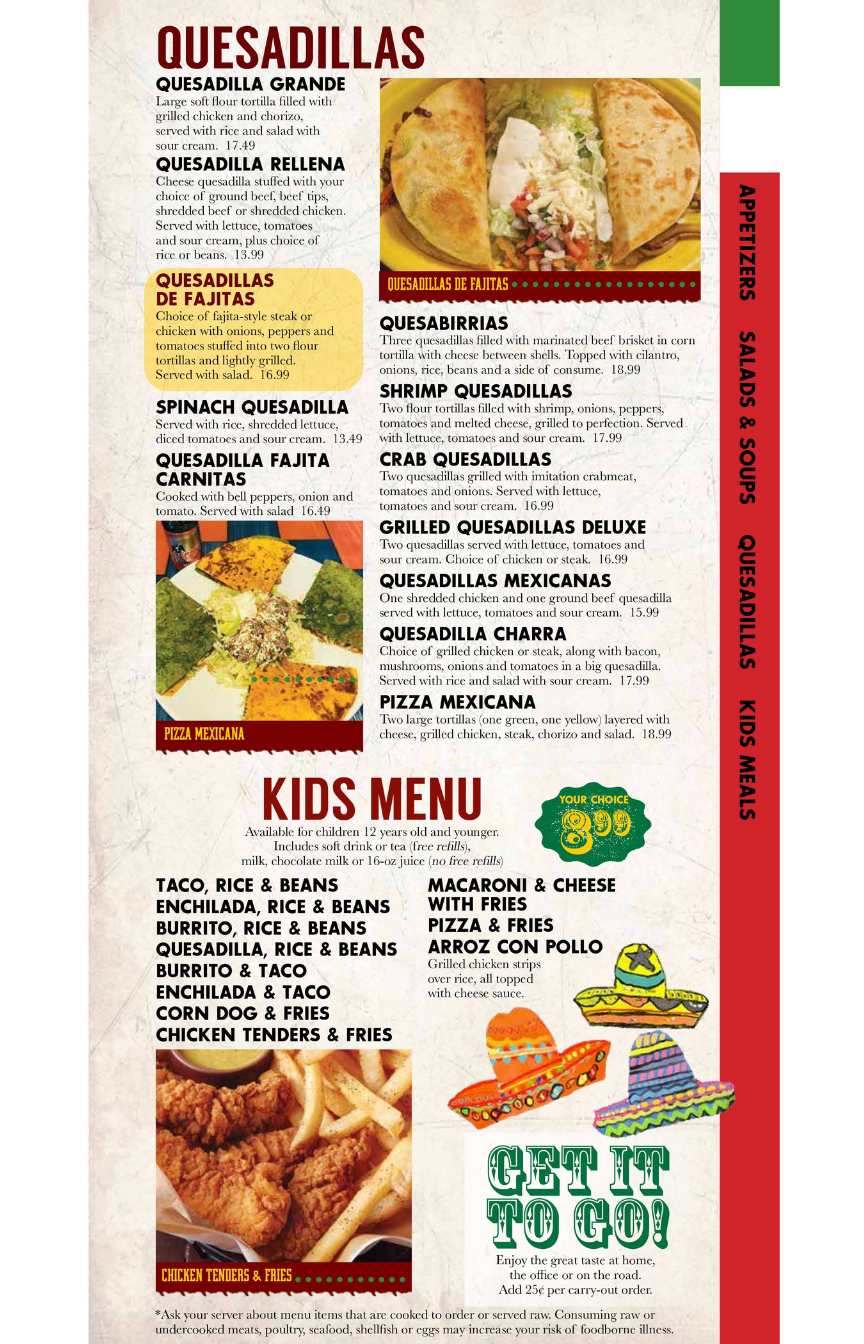 Restaurant menu with sections for quesadillas, entrees, and a kids menu.