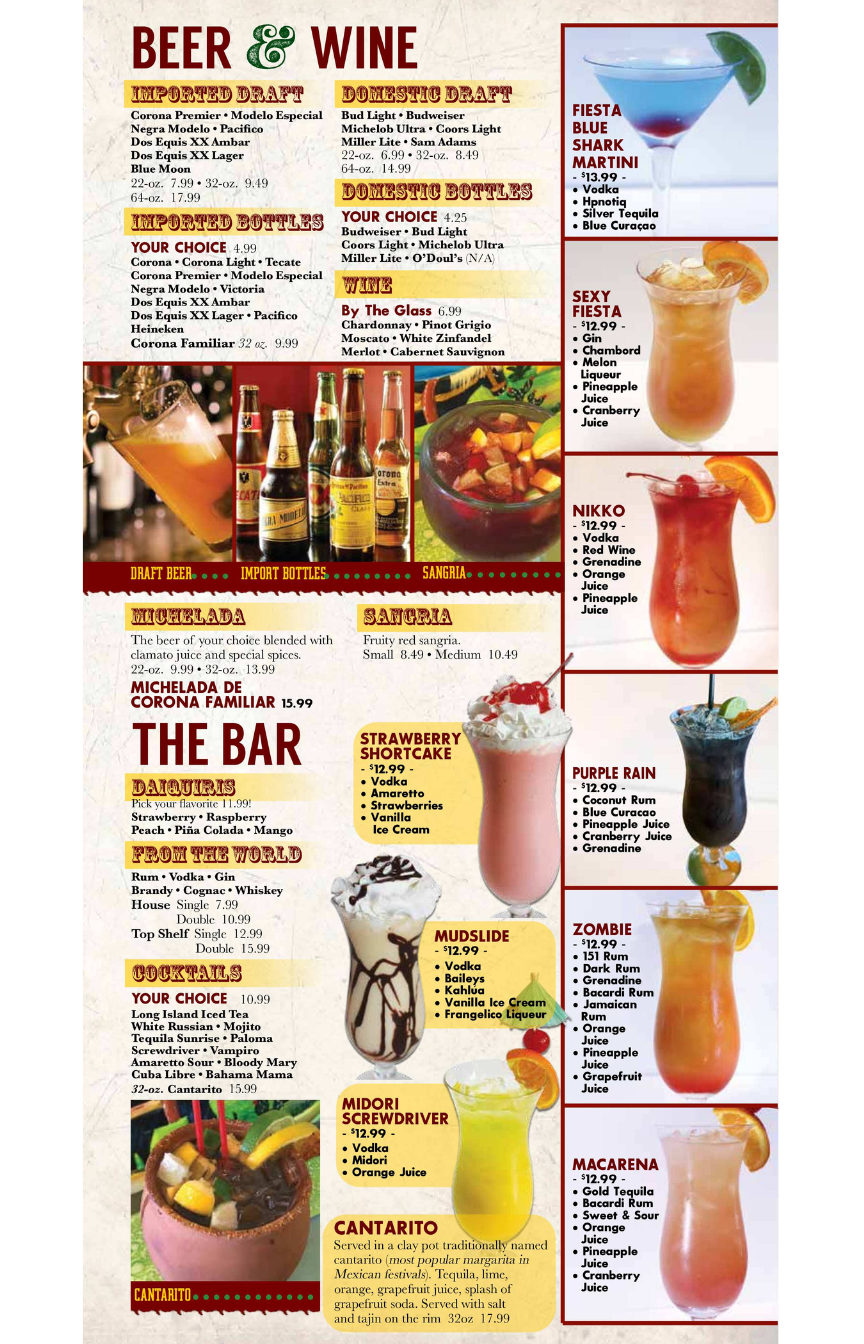 Menu with beer, wine, and cocktails. Includes text, food, and colorful drink photos.