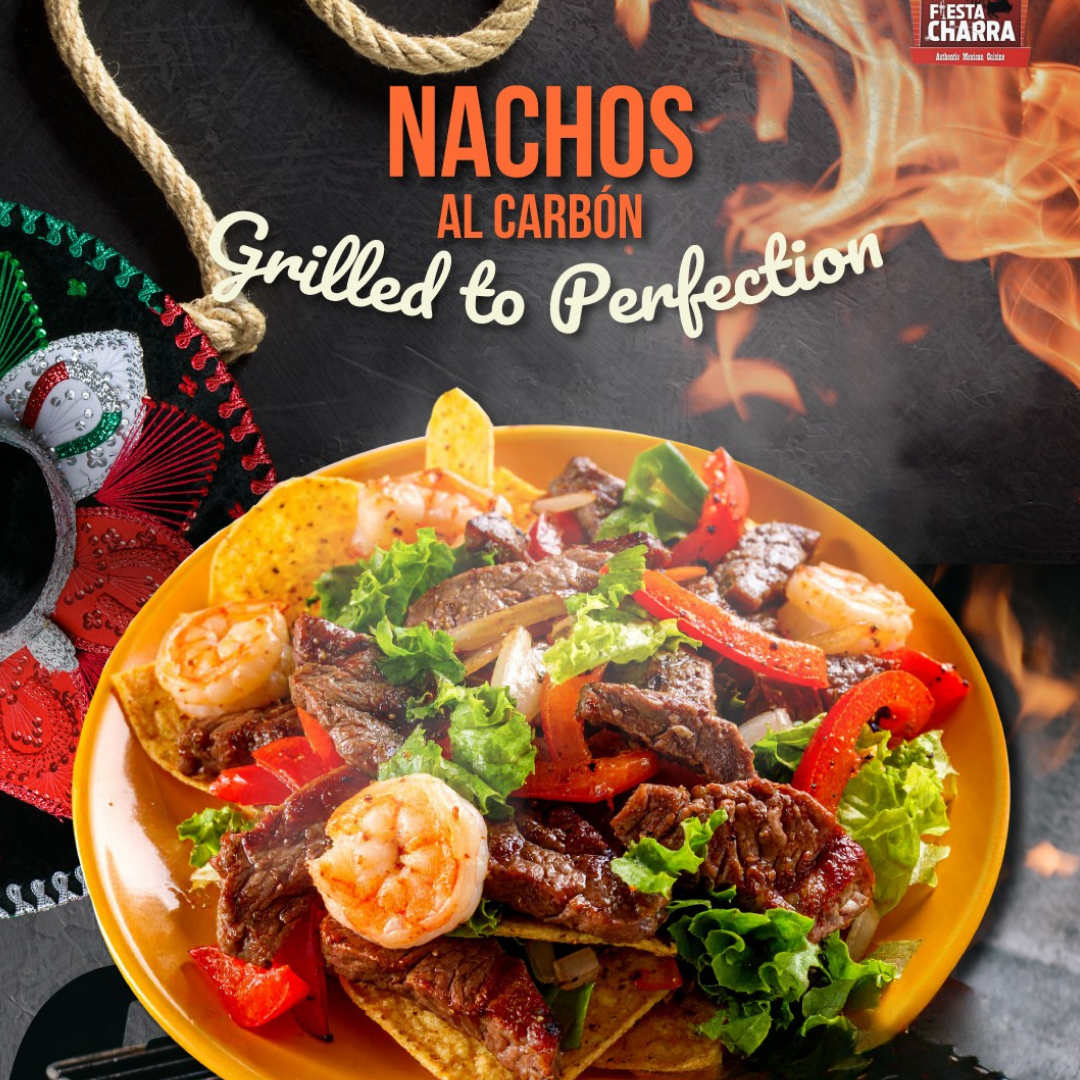 Nachos with grilled steak and shrimp, vegetables, on a yellow plate. Mexican decor and flames in the background.