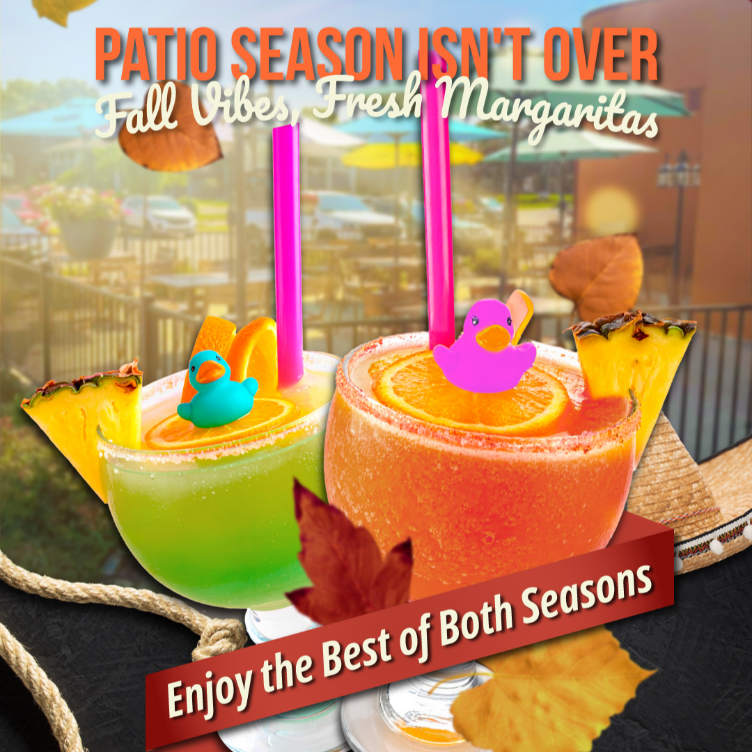Two margaritas, one green and one orange, with straws and duck decorations, on a patio, promoting 