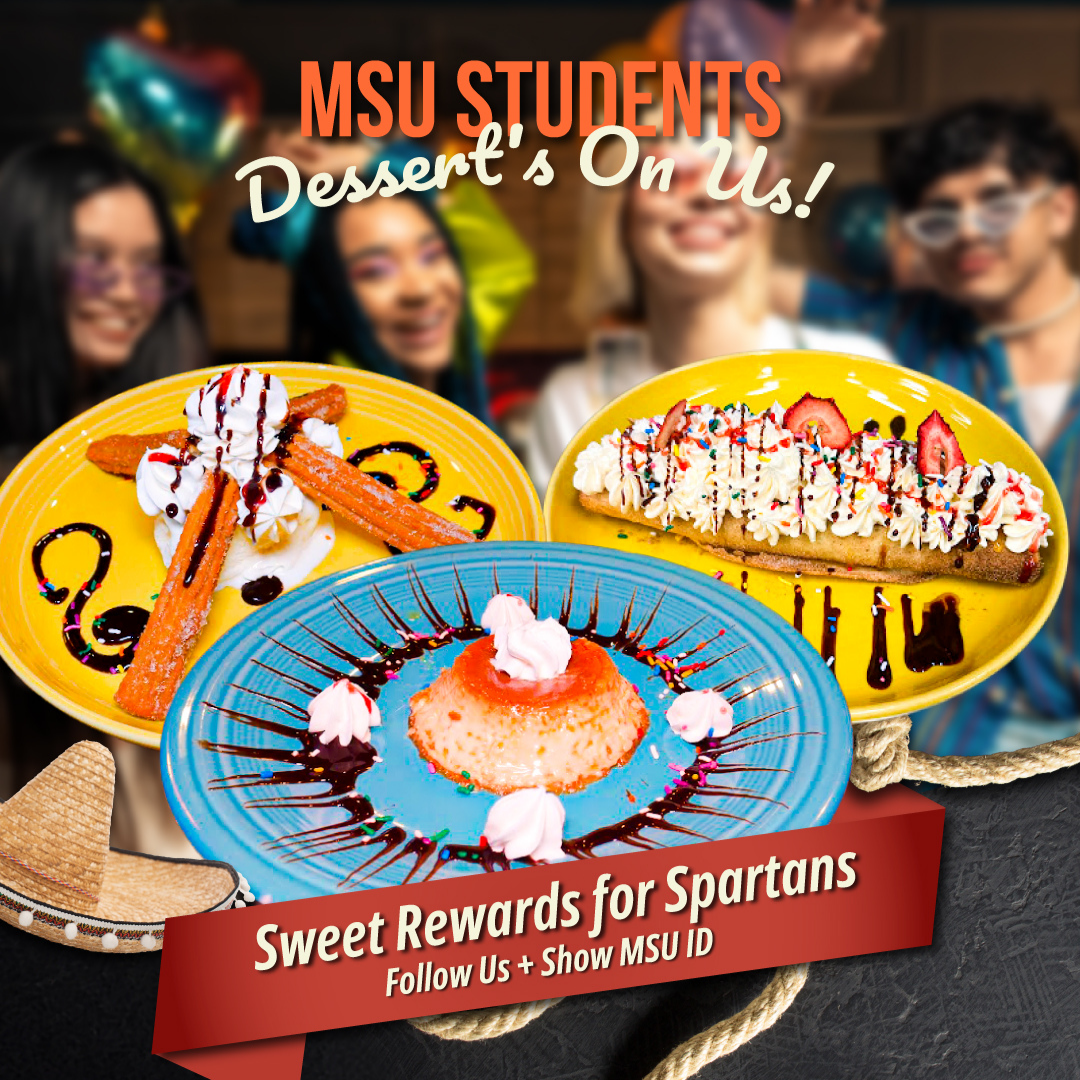Promotion for MSU students: Free dessert. Colorful plates with desserts. Students in the background. 