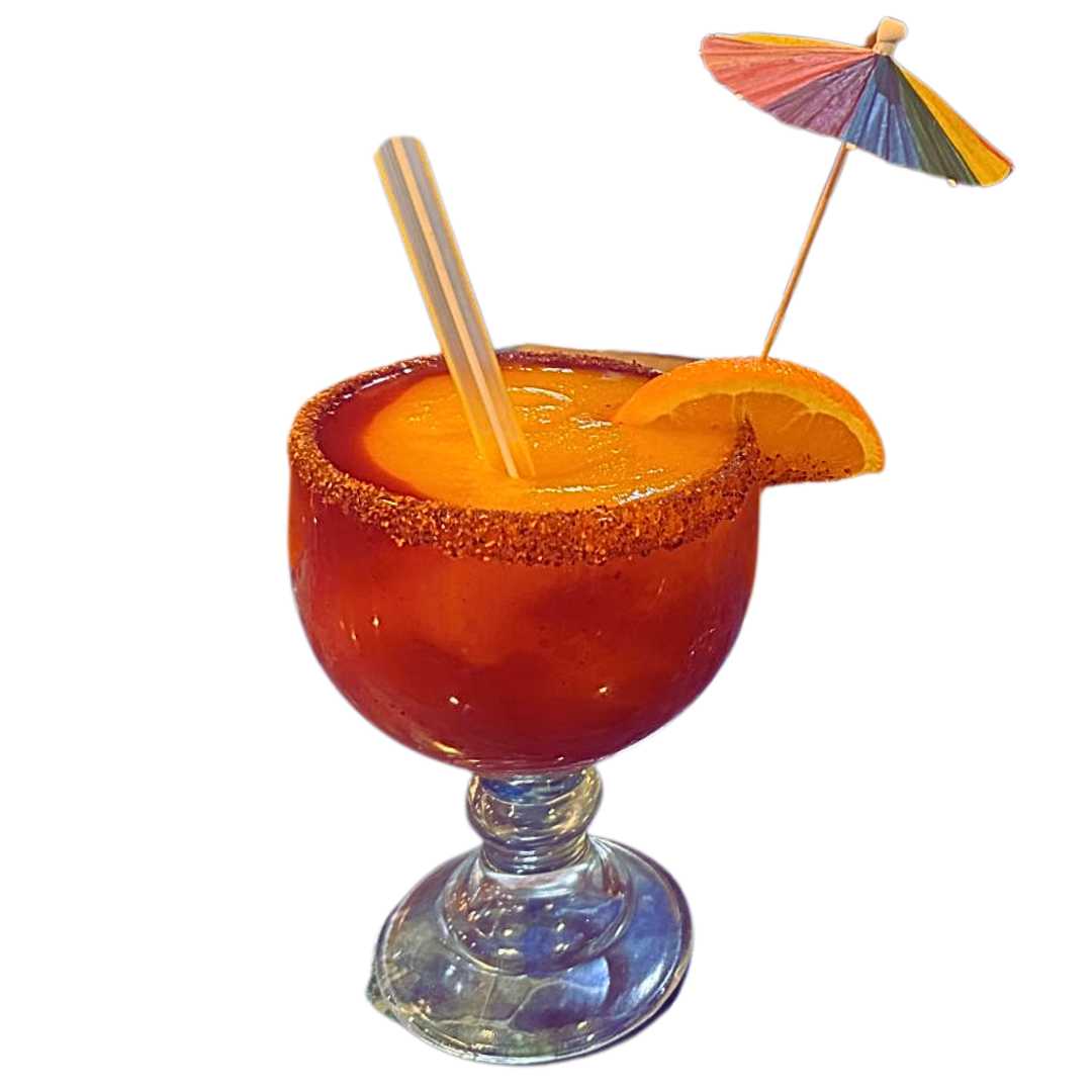 Frozen orange cocktail with salt rim, orange slice, straw, and umbrella.
