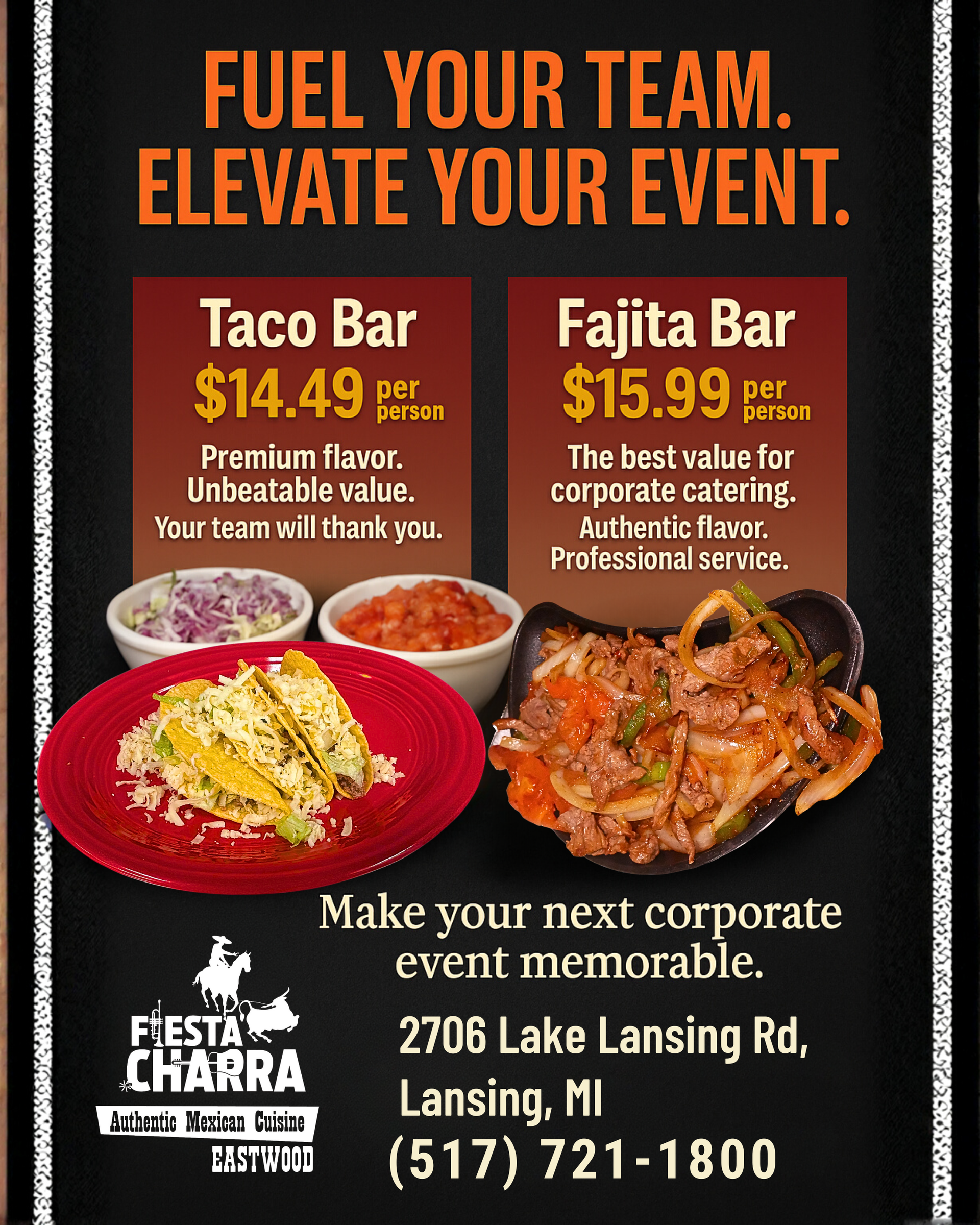 Advertisement for Fiesta Charra catering: Taco bar and Fajita bar pricing, location, phone number.