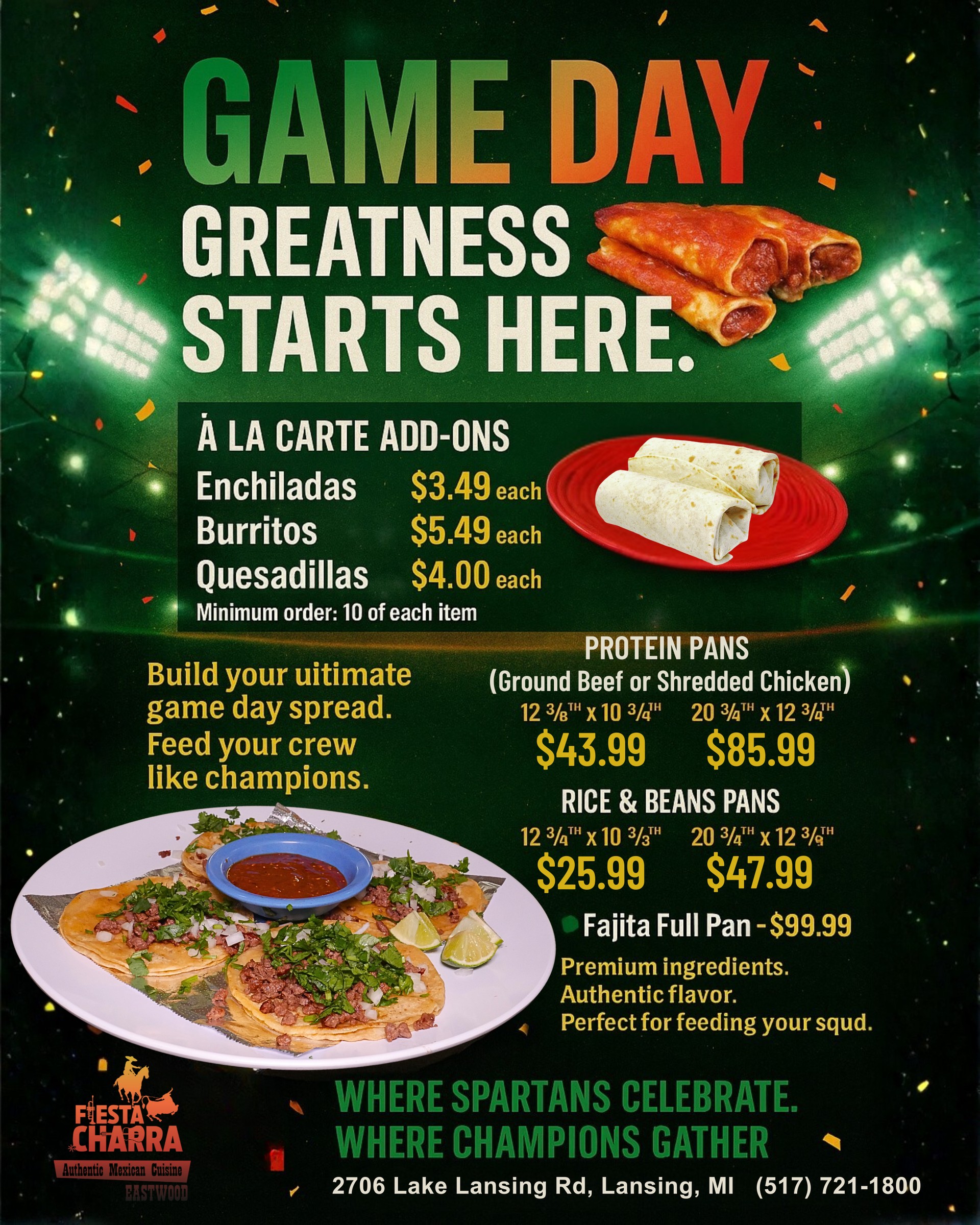 Game day food menu with burritos, enchiladas, and fajita pans. Green and orange color scheme.