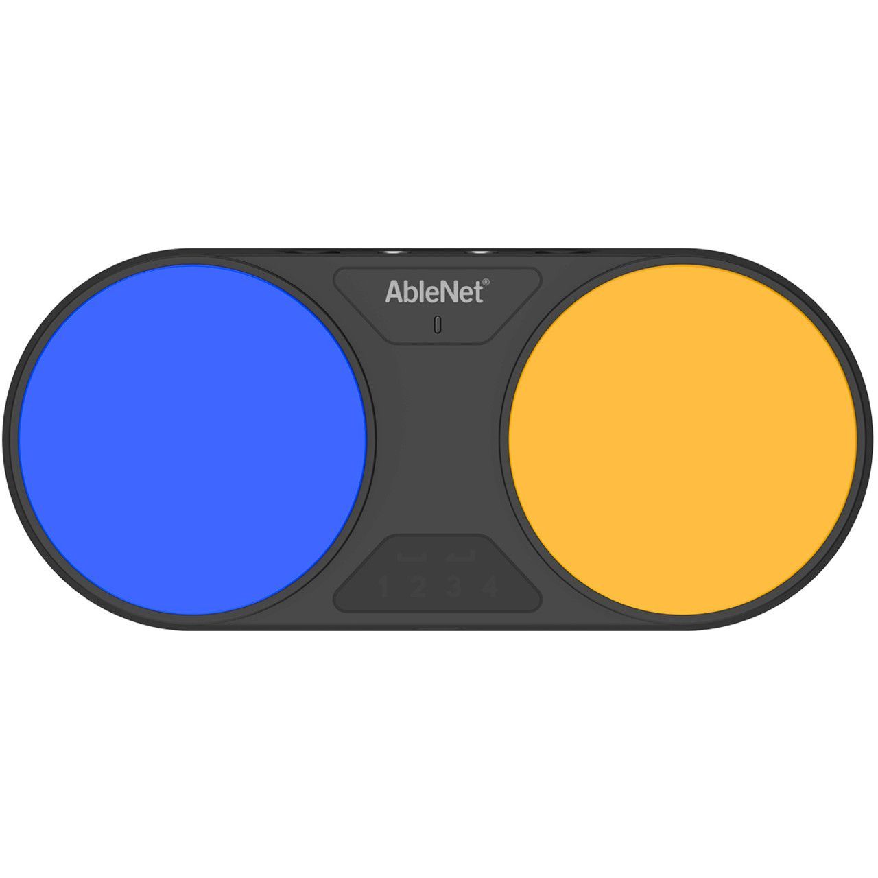 Dual switch by AbleNet with blue and yellow circular activation areas.
