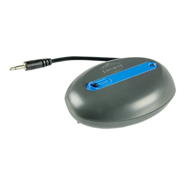 Gray and blue oval device with a black cable and plug.