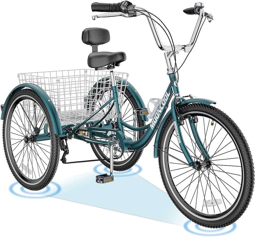 Teal adult tricycle with large rear basket, seat back, and front brakes.
