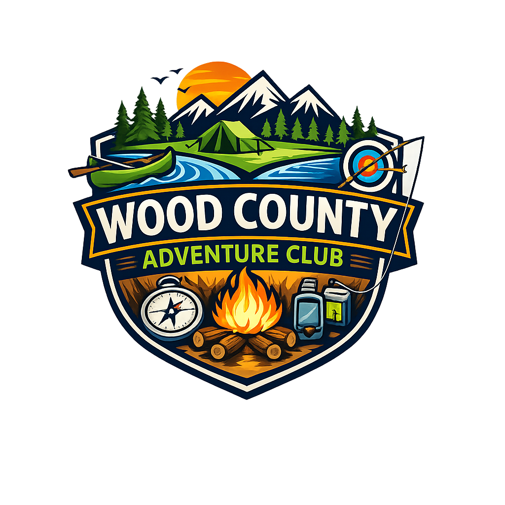 Wood County Adventure Club logo featuring a shield design with mountains, trees, river, canoe, archery target, fishing rod, and campfire, with the text 