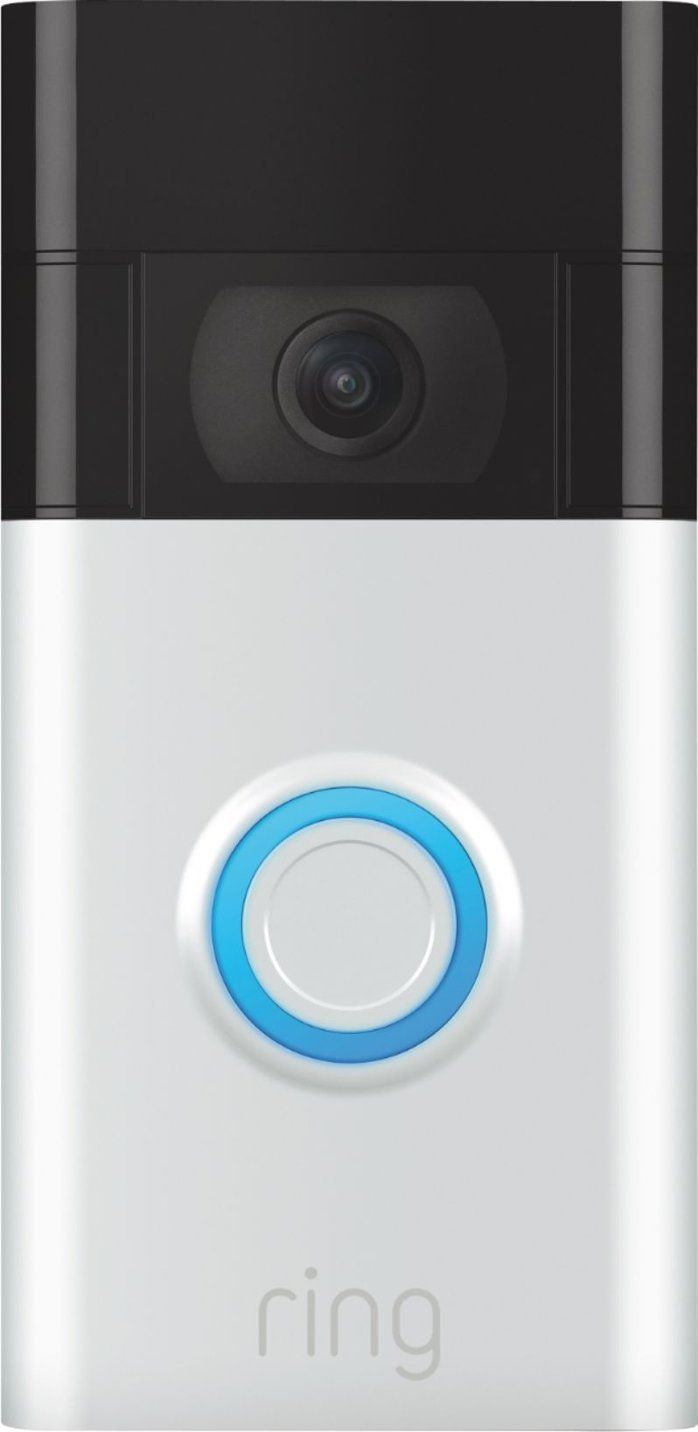 White Ring video doorbell with a black top, blue light around the button, and the brand name 