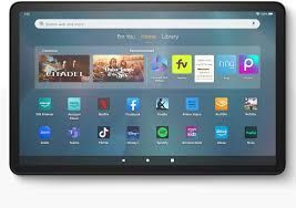 Black tablet displaying a home screen with app icons and streaming service recommendations.
