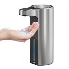 Silver automatic soap dispenser dispensing liquid onto a person's hand.