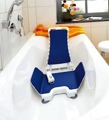 Blue and white bath chair with a back and seat in a bathtub.