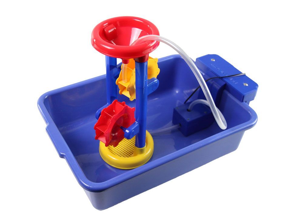 Water toy with red funnel, yellow and blue wheels, in a blue basin, with a pump.