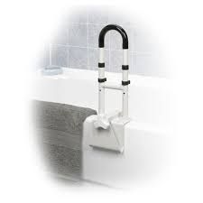 White bathtub grab bar with black handle, mounted on a bathtub edge.