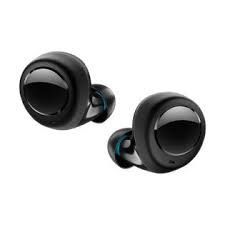 Pair of black wireless earbuds.