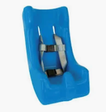 Blue adaptive seating chair with a harness.