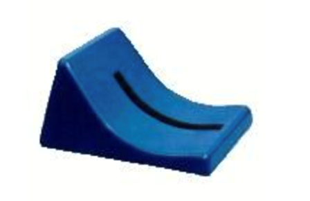 Blue, curved, plastic wedge-shaped ramp with a groove, likely for a small ball to roll.