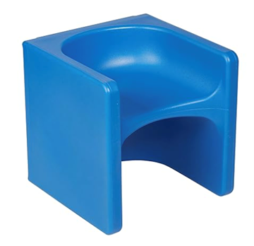 Blue plastic child's chair with a square frame and a curved seat.