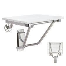White folding shower seat with stainless steel hardware, wall mounted.