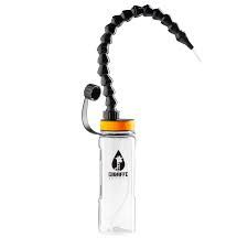 Clear water bottle with a black, flexible tube and orange lid.
