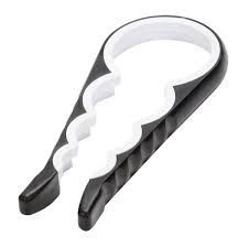 Black and white multi-opener tool with several differently sized openings, for jars, bottles, etc.