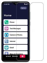 Black smartphone with a screen protector. Phone displays a simplified home screen with large app icons.