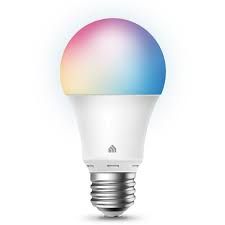Smart LED lightbulb, glowing with a rainbow of colors. White base, metal screw.