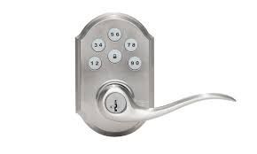 Silver digital door lock with numbered buttons and lever handle.
