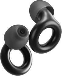 Two black earplugs with a ring design.