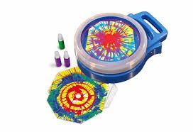 A blue spin art machine with tie-dye art and bottles of paint.