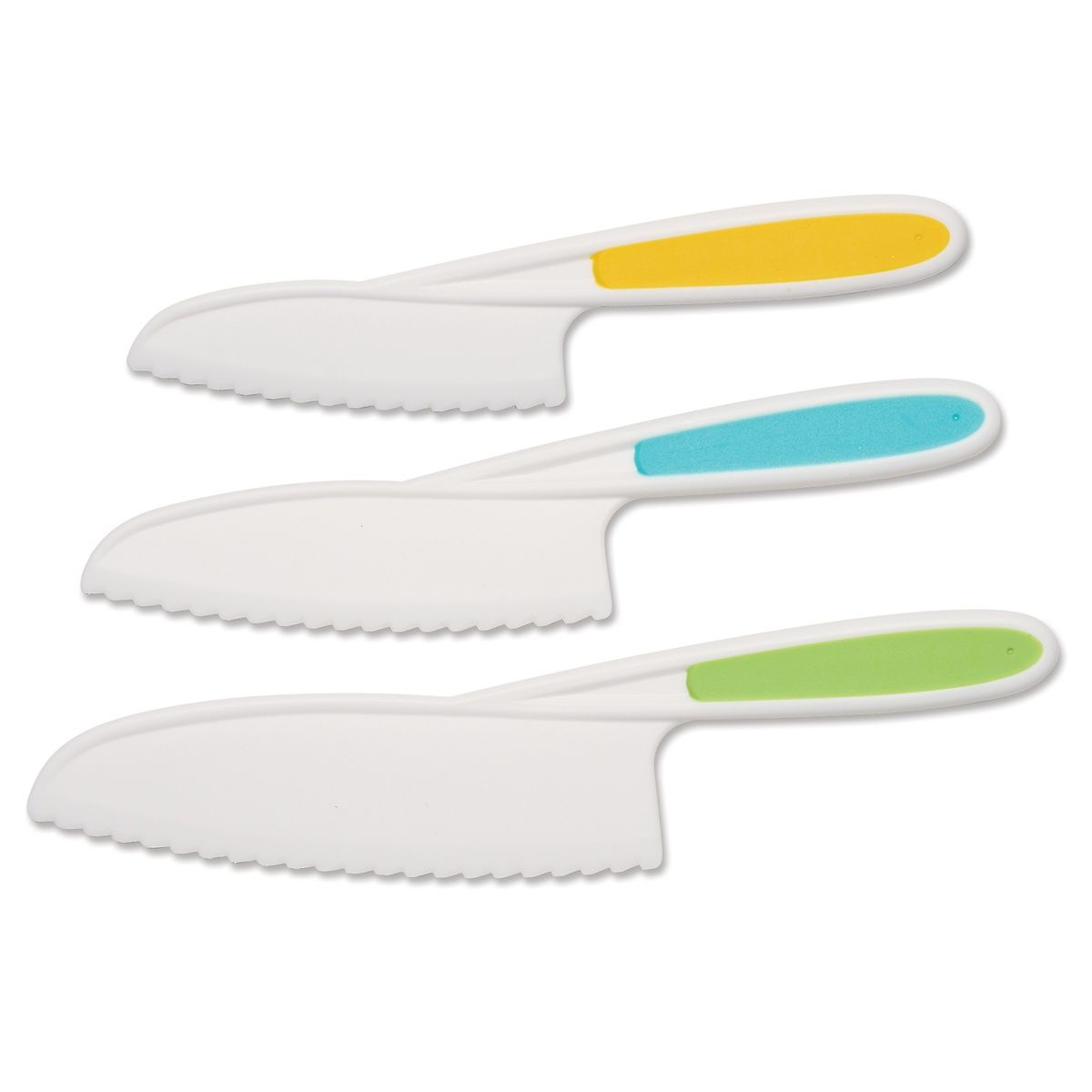 Three plastic knives with colorful handles: yellow, blue, and green.