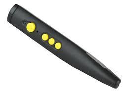 Black handheld 3D pen with yellow buttons, angled, against white background.