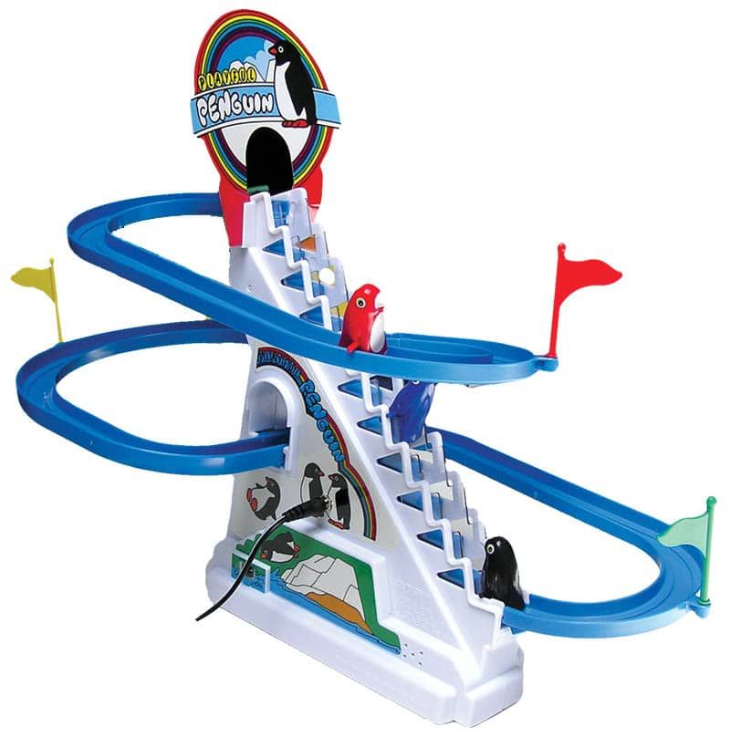 Toy penguin racetrack with blue track, white tower, and colorful penguins.