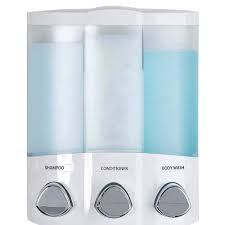 White triple-chamber soap dispenser with shampoo, conditioner, and body wash labels.