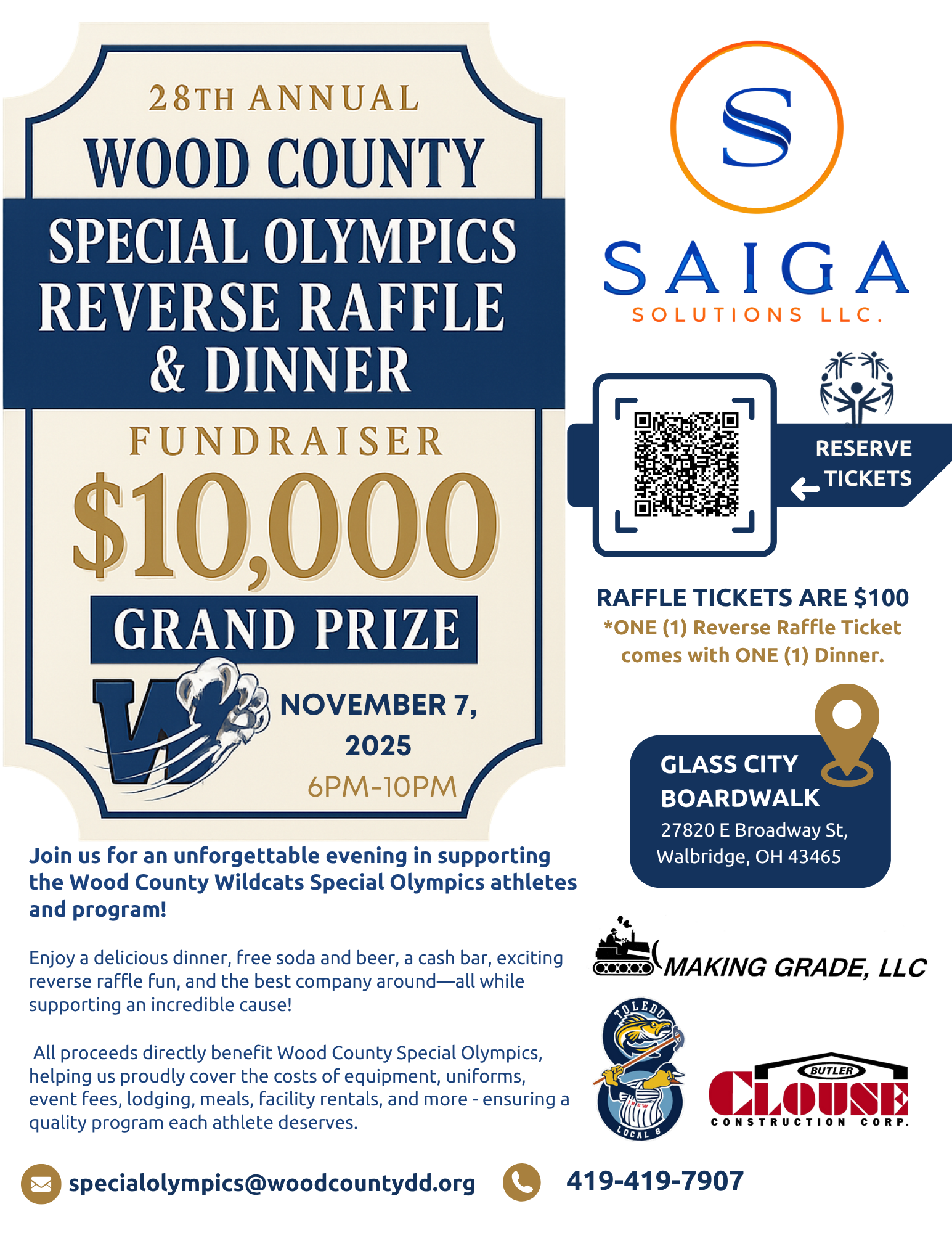 Flyer for Wood County Special Olympics fundraiser. Features raffle, dinner, and $10,000 grand prize. Event is Nov 7, 2025.