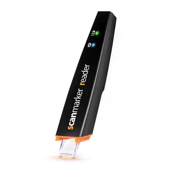 Scanmarker reader pen, black and orange, with green and blue indicator lights.