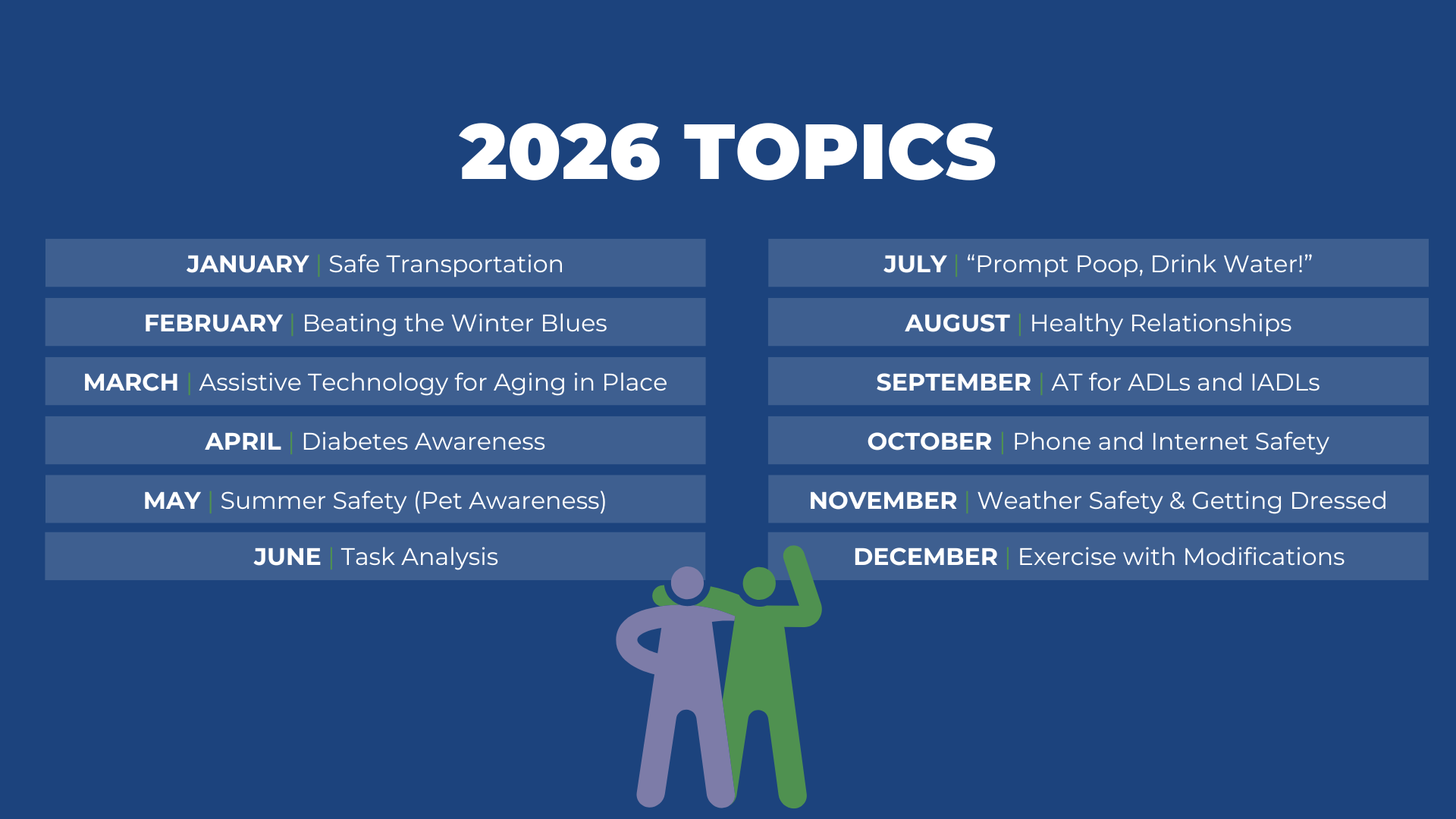 2025 topics chart with months and themes. Two stick figures embrace in front of a blue background.