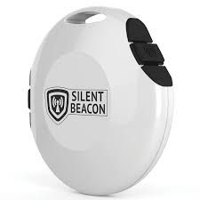 White, egg-shaped Silent Beacon device with three black buttons. It has a logo and a hole for a lanyard.