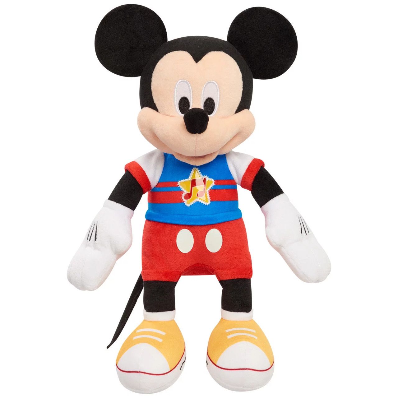 Mickey Mouse plush toy in a blue, red, and yellow outfit. He has a cheerful expression.