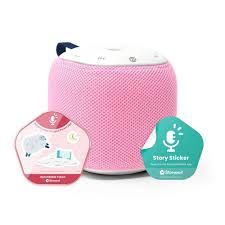 Pink sleep sound machine with two sticker labels.
