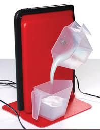 Red paint can being poured into a white measuring cup, with a red base and black outline.