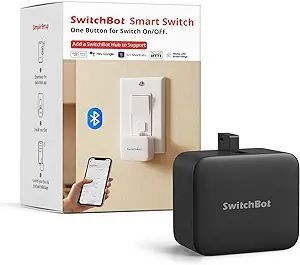 Box with SwitchBot Smart Switch and Bluetooth logo, with a hand operating a smartphone and switch.