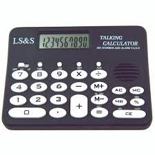 Black talking calculator with large buttons and digital display, featuring numbers and basic math functions.