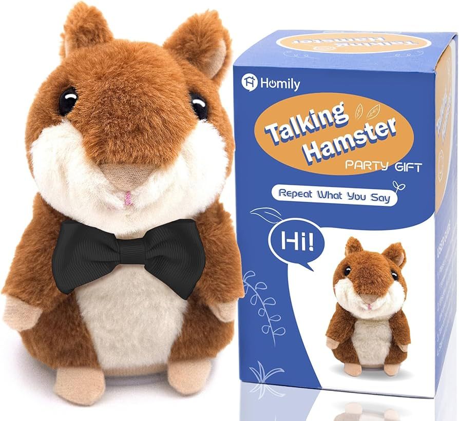Brown stuffed hamster toy with a black bow tie next to its packaging.