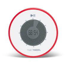 A white and red Time Timer. Digital display shows 68:54.