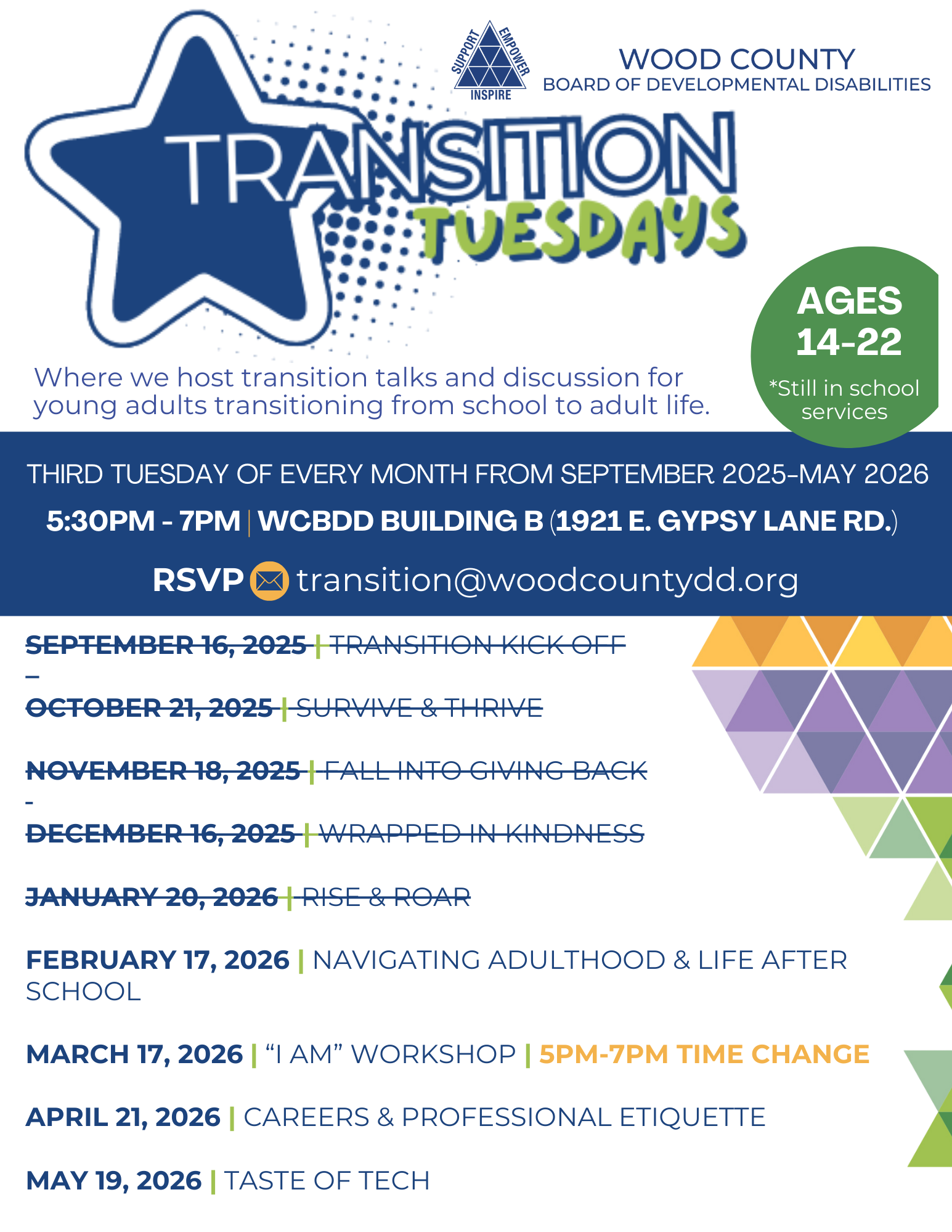 Flyer for Transition Tuesdays, ages 14-22. Third Tuesday of each month, Sept 2025-May 2026. Includes topics and RSVP info.