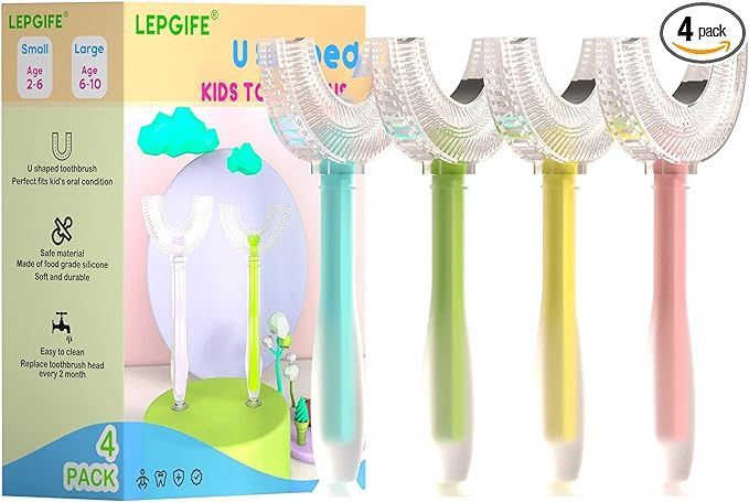 Four U-shaped toothbrushes for kids in various colors, with packaging showing usage and sizes.